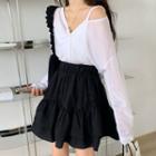 Cold-shoulder Blouse / Shirred A-line Skirt