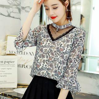 3/4-sleeve Lace Panel Floral Print Chiffon Top