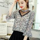 3/4-sleeve Lace Panel Floral Print Chiffon Top