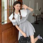 Set: Elbow-sleeve T-shirt + Wide Leg Shorts + Frill Trim Detachable Collar Set Of 3 - Detachable Collar & T-shirt & Shorts - Gray - One Size