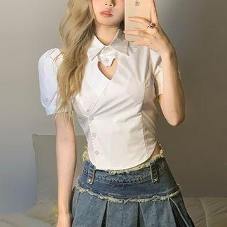 Puff-sleeve Collar Cut-out Top