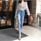 Boatneck Twisted Dotted Shirt / Distressed Skinny Jeans