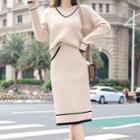Set: Long-sleeve Contrast-lining Knit Top + Midi Fitted Skirt