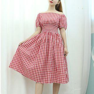 Off-shoulder Smocked-waist Check Dress
