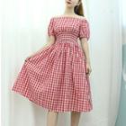Off-shoulder Smocked-waist Check Dress