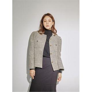 Round-neck Puff-sleeve Blazer Khaki - One Size