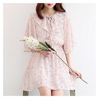 Lace-up Neck Floral Chiffon Dress