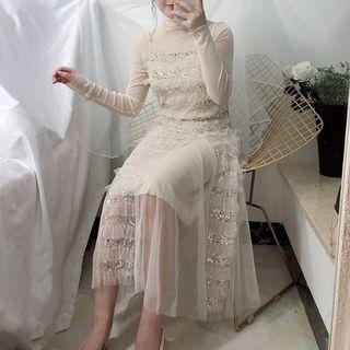 Turtleneck Long-sleeve T-shirt / Sequined Mesh Spaghetti Strap Dress / Set