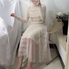 Turtleneck Long-sleeve T-shirt / Sequined Mesh Spaghetti Strap Dress / Set