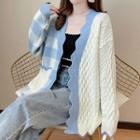 Plaid Panel Cable-knit Cardigan Blue & White - One Size