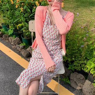 Plain Cardigan / Spaghetti Strap Flower Print Midi Sheath Dress