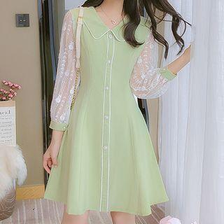 Long-sleeve Mesh-panel Collared A-line Dress