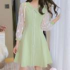 Long-sleeve Mesh-panel Collared A-line Dress