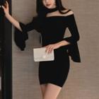 Mock-neck Mesh Panel 3/4-sleeve Dress