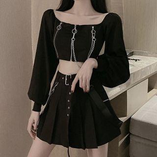 Long-sleeve Crop Top / Pleated Skirt