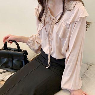 Beribboned V-neck Frill-trim Blouse Pink - One Size