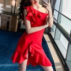Ruffle Irregular Hem One-shoulder Mini A-line Dress