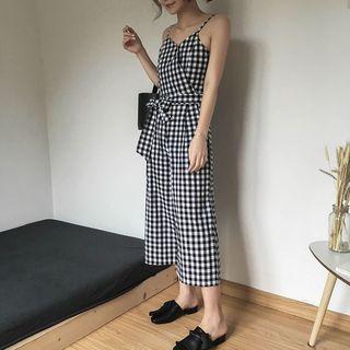 Tie-waist Cropped Check Jumpsuit