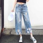 Distressed Wide Leg Washed Jeans