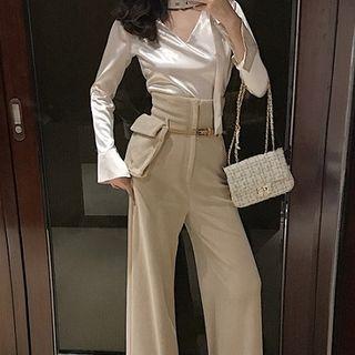 Plain V-neck Halter Long-sleeve Blouse / High-waist Pants
