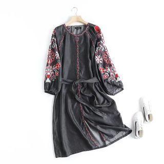 Puff-sleeve Flower Embroidered Smock Dress