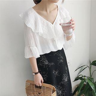Plain Bell-sleeve V-neck Blouse