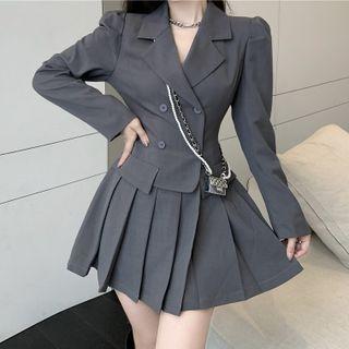 Plain Pleated Mini A-line Blazer Dress