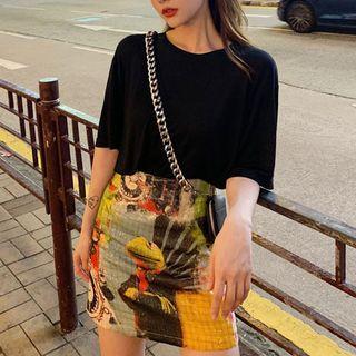 Elbow-sleeve Plain Crew-neck Loose-fit T-shirt