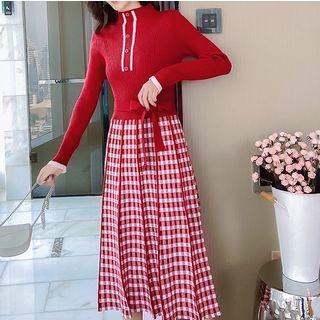 Mock-turtleneck Plaid A-line Midi Dress Wine Red - One Size