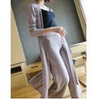 Set: Plain Ribbed Long Cardigan + Wide Leg Pants