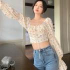 Long-sleeve Floral Print Cropped Top Milky White - One Size