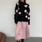 Floral Accent Cardigan / Midi A-line Skirt