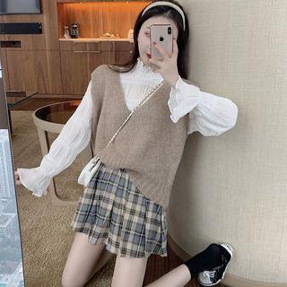 Frilled Long-sleeve Blouse / Plaid A-line Skirt / V-neck Knit Vest