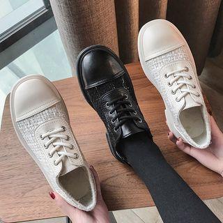 Tweed Panel Block Heel Lace Up Shoes