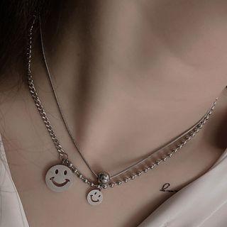 Smiley Pendant Layered Stainless Steel Necklace 308 - Silver - One Size