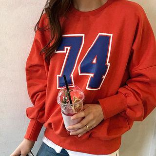 Puff-sleeve Number Print Oversized Sweatshirt