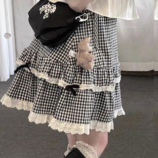 Lace Trim Check Tiered A-line Skirt