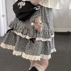 Lace Trim Check Tiered A-line Skirt
