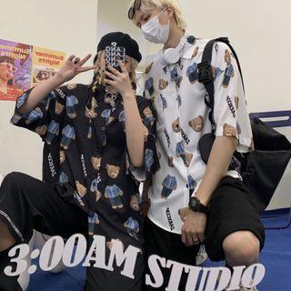 Elbow-sleeve Bear Pattern Print Shirt