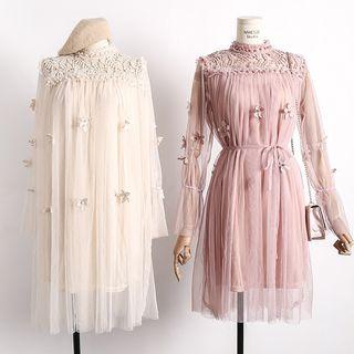 Lace-panel Flowr-accent Mesh Dress With Slipdress