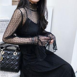 Set: Long-sleeve Mesh A-line Midi Dress + Slipdress