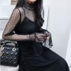 Set: Long-sleeve Mesh A-line Midi Dress + Slipdress