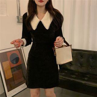 Contrast Collared Long-sleeve Velvet Dress