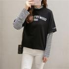 Mock Two-piece Long-sleeve Striped Paneled Letter T-shirt
