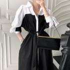 Two-tone Panel Tie-waist Midi A-line Dress White & Black - One Size
