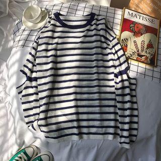 Striped Cut Out Knit Top Stripes - Navy Blue & White - One Size