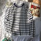 Striped Cut Out Knit Top Stripes - Navy Blue & White - One Size