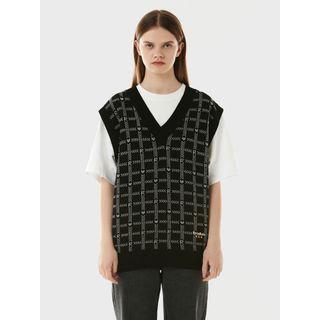 V-neck Embroidered Checked Knit Vest Black - One Size