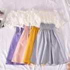 Short-sleeve Floral Applique Shirred-waist Midi A-line Dress