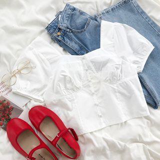 Short-sleeve Square-neck Plain Cropped Top White - One Size